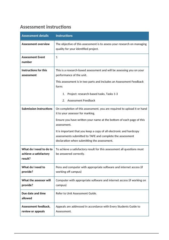 BSBPMG513 Project Quality Assessment Tasks 1 3