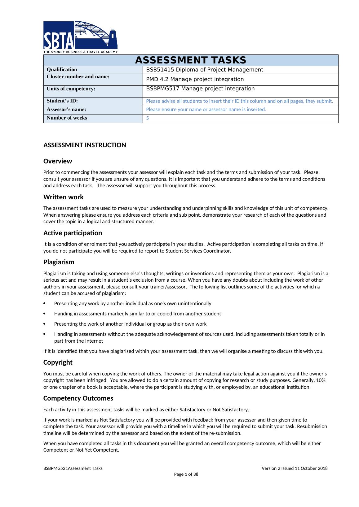 BSBPMG521 Assessment Tasks Manage Project Integration Desklib