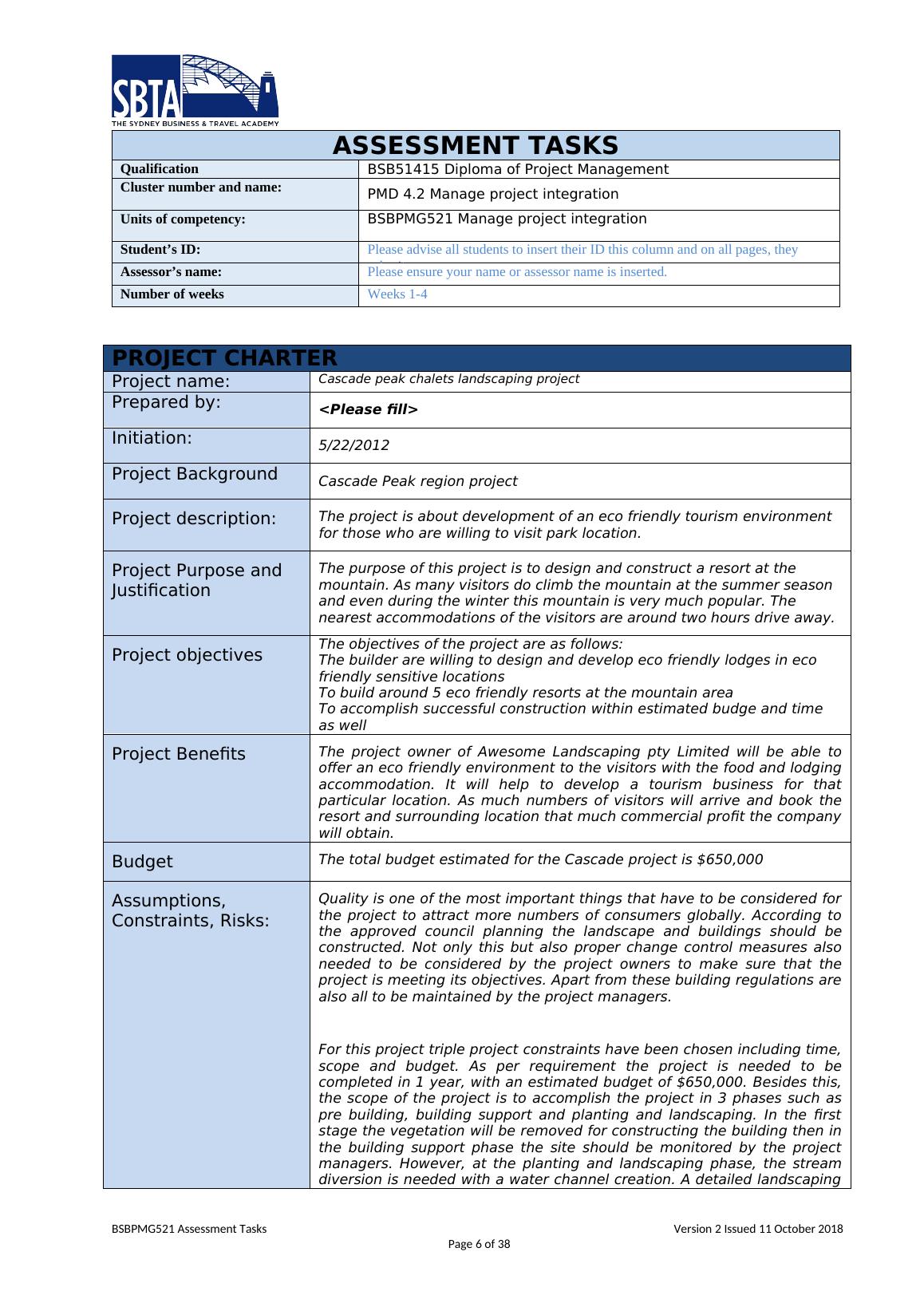 BSBPMG521 Manage Project Integration Assessment Tasks Desklib