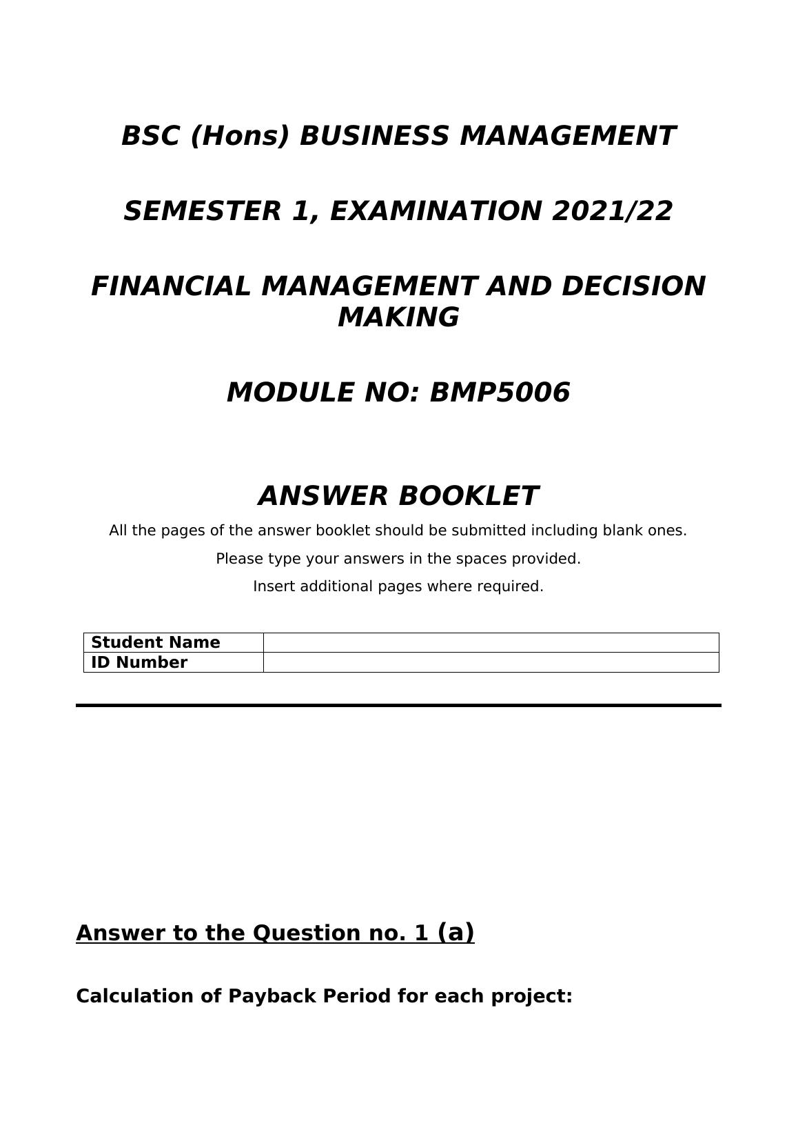 Financial Management And Decision Making Calculation Of Payback Period