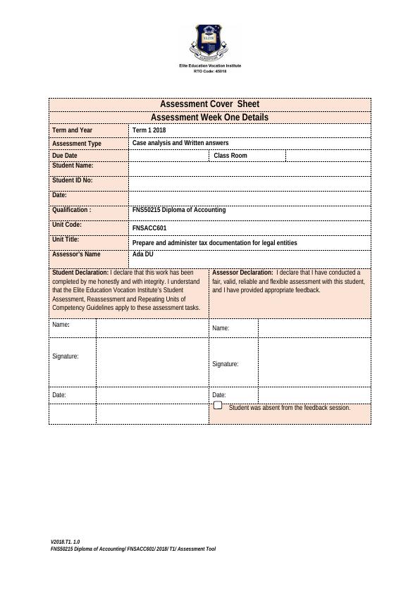 Assessment Summary Sheet For Fnsacc Prepare And Administer Tax