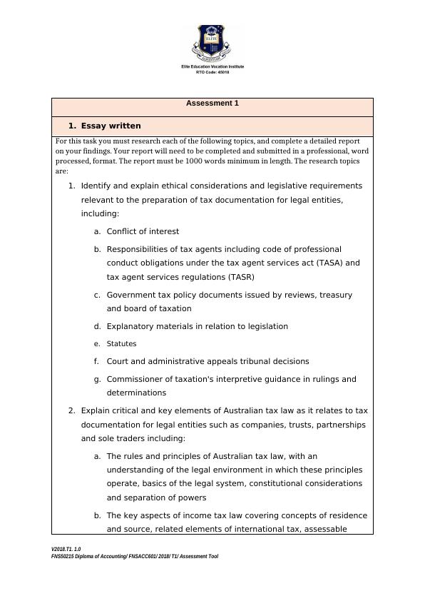 Assessment Summary Sheet For FNSACC601 Prepare And Administer Tax