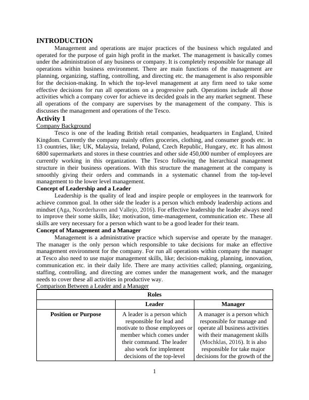 Management And Operations In Tesco Desklib