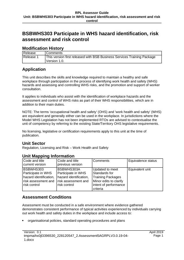 Bsbwhs Participate In Whs Hazard Identification Risk Assessment And