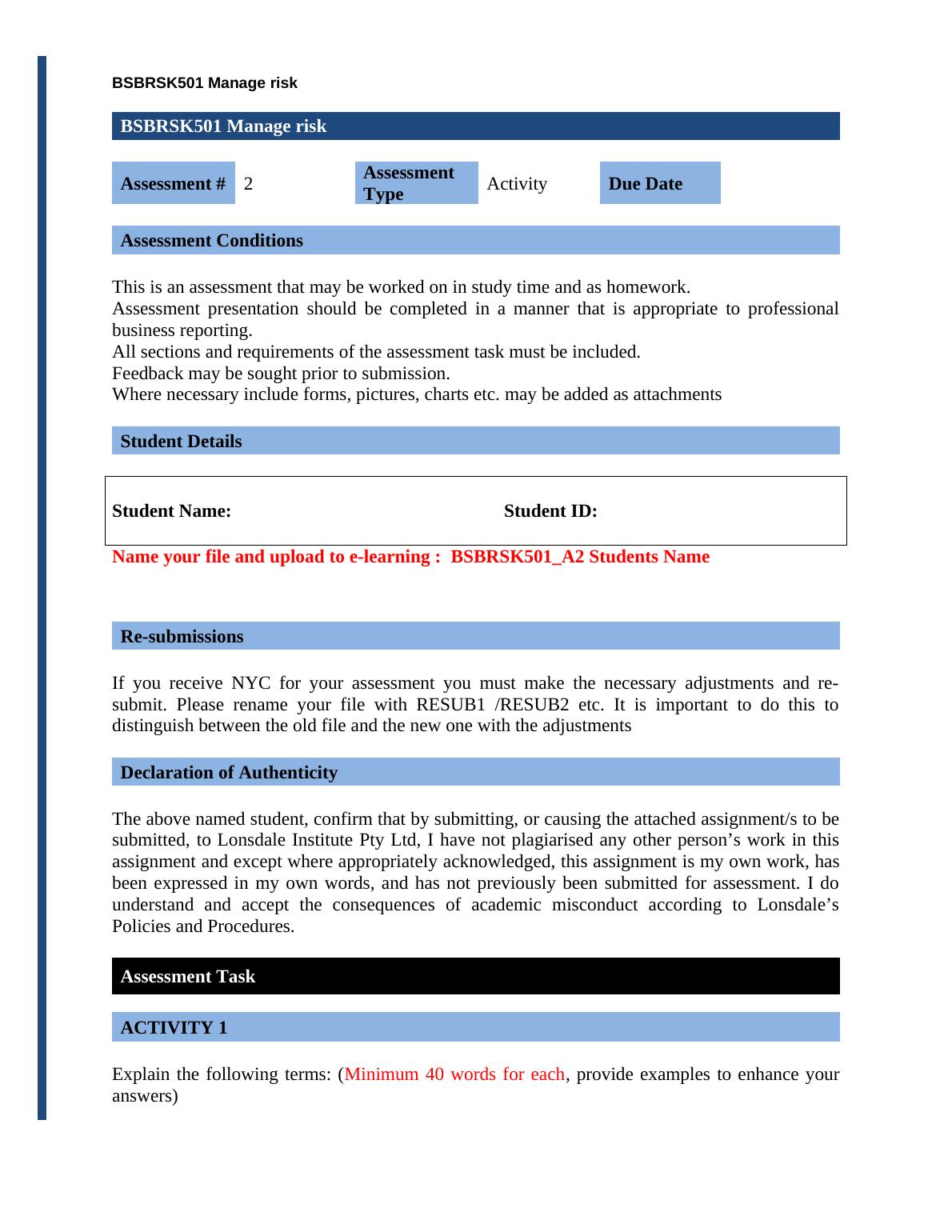 Bsbrsk Manage Risk Assessment