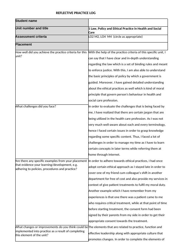 Reflective Practice Log For Health And Social Care Desklib