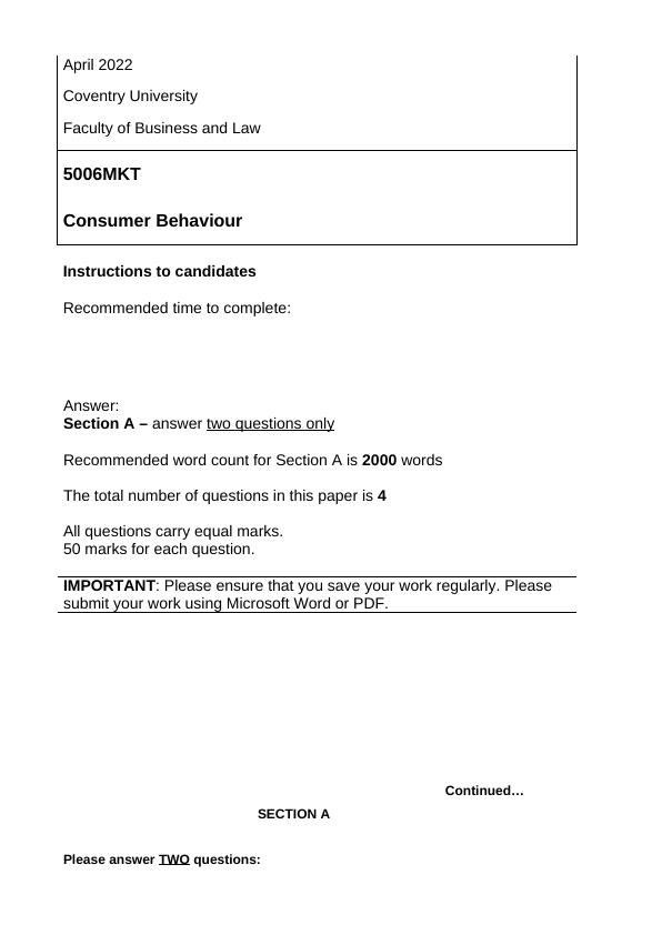5006MKT Consumer Behaviour Exam April 2022 Coventry University_1