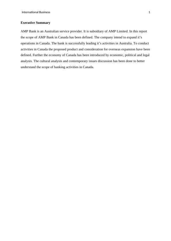 International Business AMP Bank Ltd. Expansion in Canada