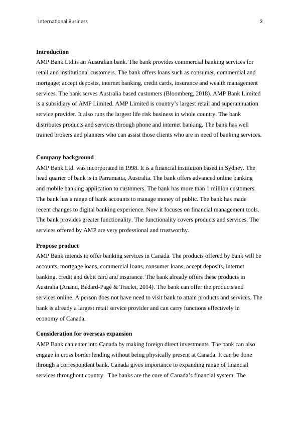 International Business AMP Bank Ltd. Expansion in Canada