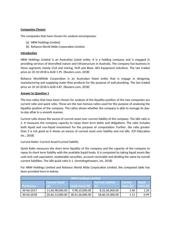 Analysis of Liquidity, Cash Conversion Cycle, Capital Structure and ROE of NRW Holdings Limited and Reliance Worldwide Corporation Limited_1