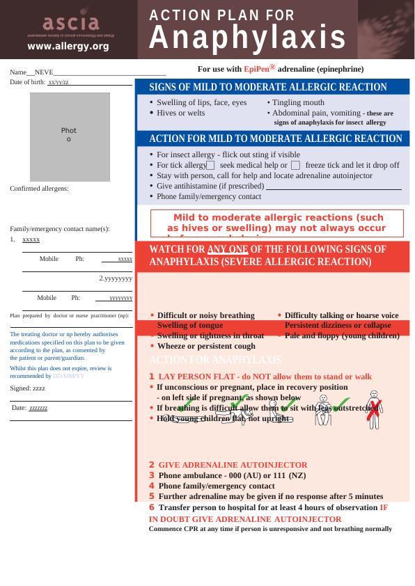 Anaphylaxis Action Plan for Children | Desklib