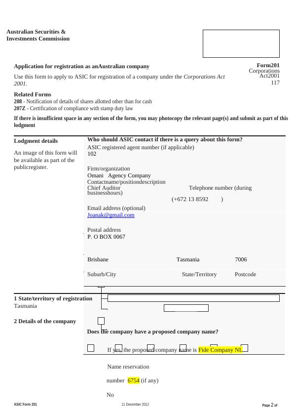 ASIC No-Liability Company Registration Form 201_2
