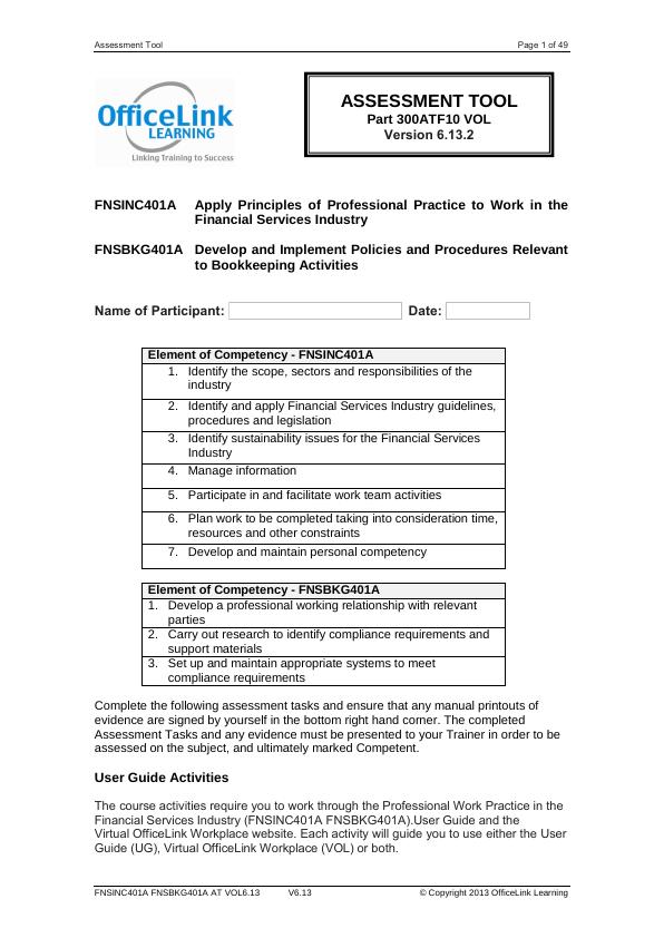Assessment Tool for FNSINC401A and FNSBKG401A_1