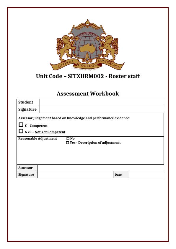 Assessment Workbook for SITXHRM002 Roster staff