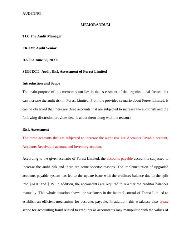 Audit Risk Assessment of Forest Limited - Desklib