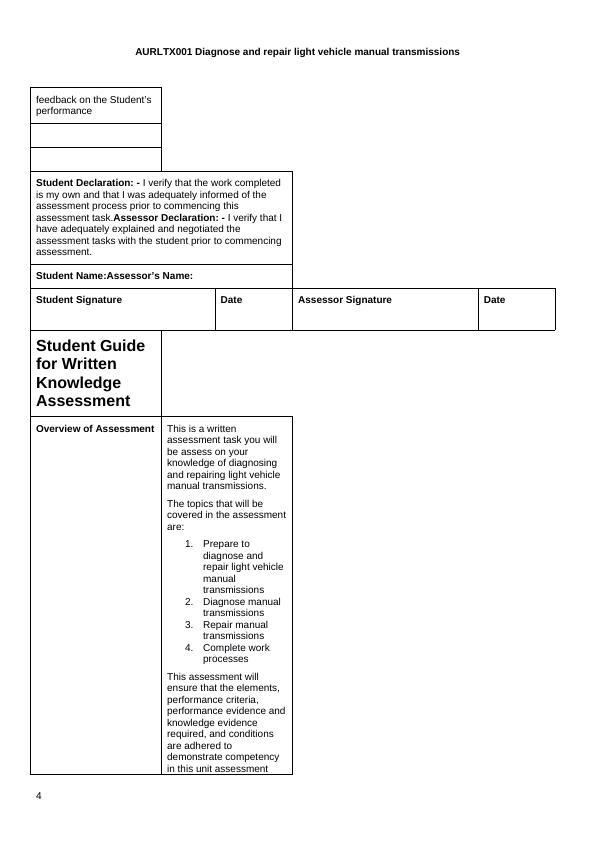 AURLTX001 Diagnose and Repair Light Vehicle Manual Transmissions Desklib