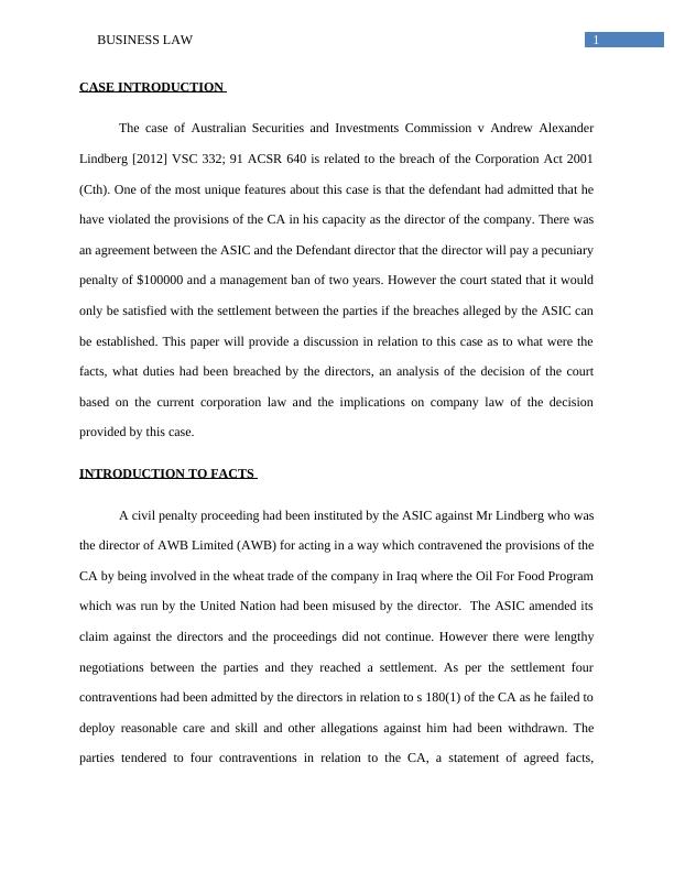 Australian Securities and Investments Commission v Andrew Alexander Lindberg Case Analysis_2