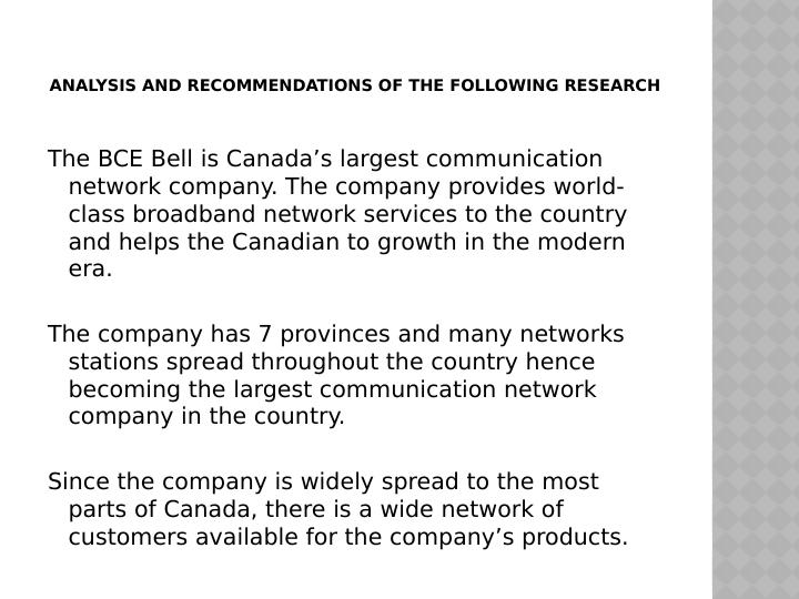Analysis and for BCE Bell Canada's Largest Communication Network Company