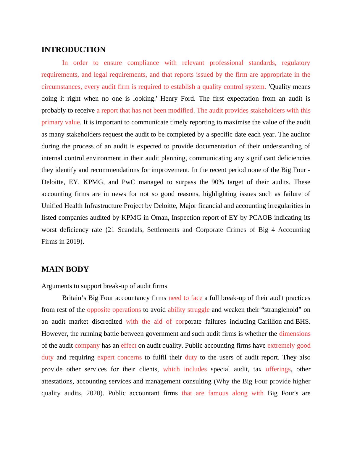 Breaking up of Big Four Audit Firms Critical Analysis