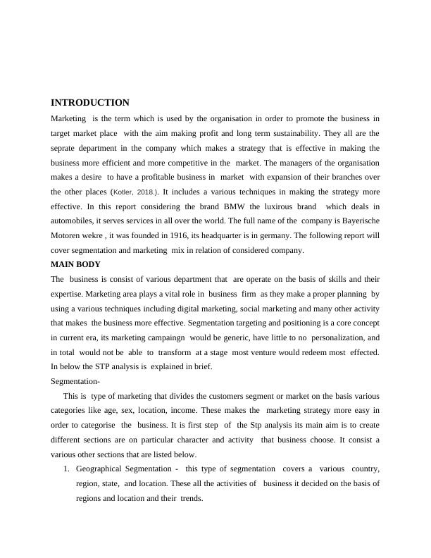 Marketing Mix and STP Analysis of BMW Automobiles | Desklib