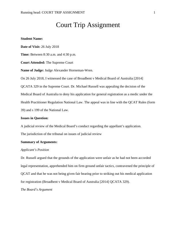 Court Trip Assignment Broadbent v Medical Board of Australia [2014
