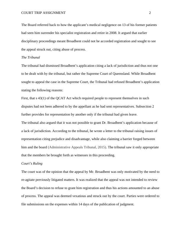 Court Trip Assignment Broadbent v Medical Board of Australia [2014] QCATA 329