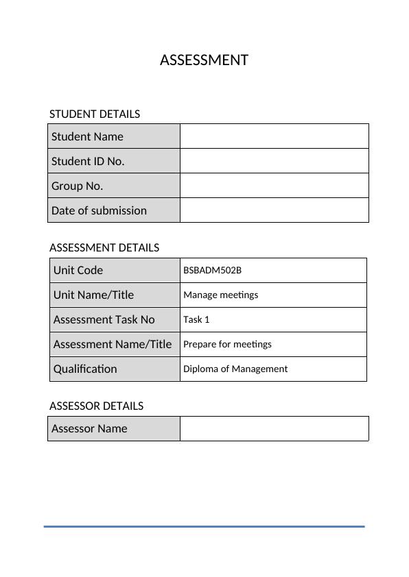 Manage Meetings: Prepare For Meetings - BSBADM502B Assessment Task 1