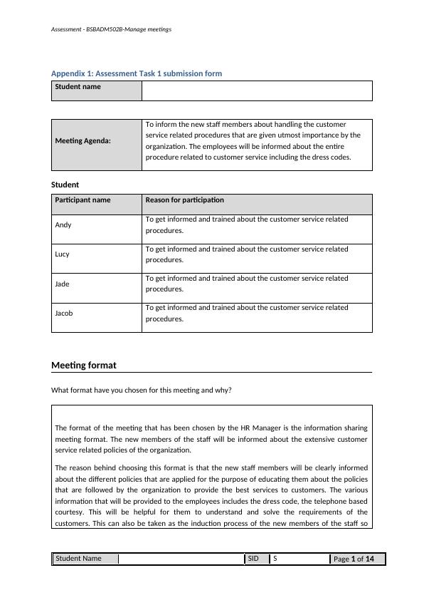 Manage Meetings: Prepare For Meetings - BSBADM502B Assessment Task 1