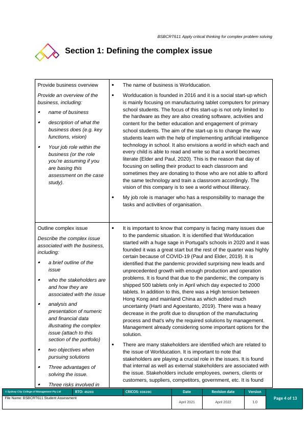 bsbcrt611 apply critical thinking for complex problem solving