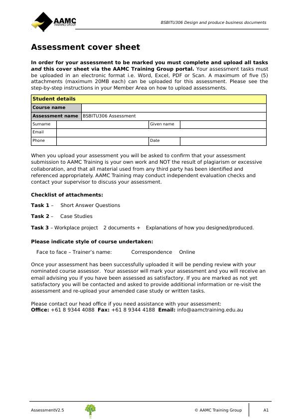 BSBITU306 Design and Produce Business Documents - Assessment Cover Sheet_1