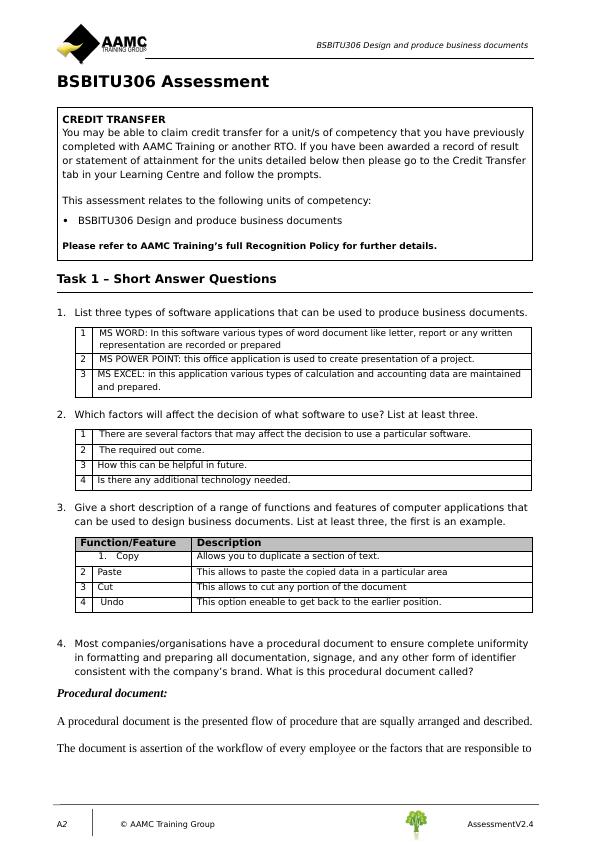 BSBITU306 Design and produce business documents - Assessment Cover Sheet, Short Answer Questions, Case Studies_2
