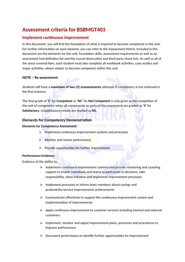 Assessment Criteria for BSBMGT403 - Implement Continuous Improvement_1
