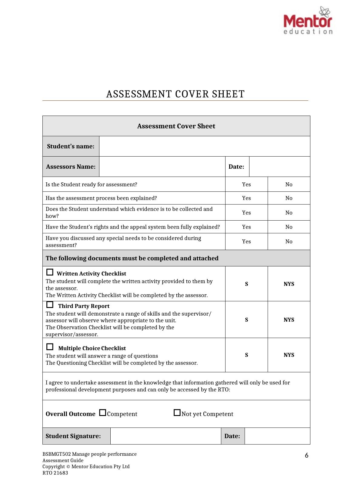 BSBMGT502 Manage People Performance Assessment Guide | Desklib