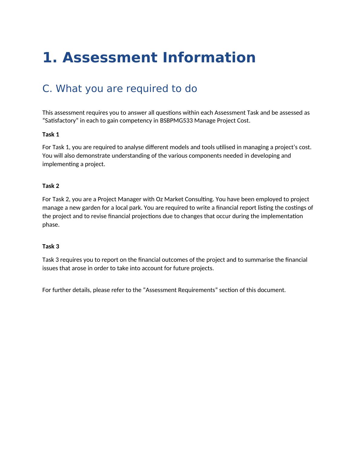 BSBPMG533 Manage Project Cost Assessment Guide | Desklib