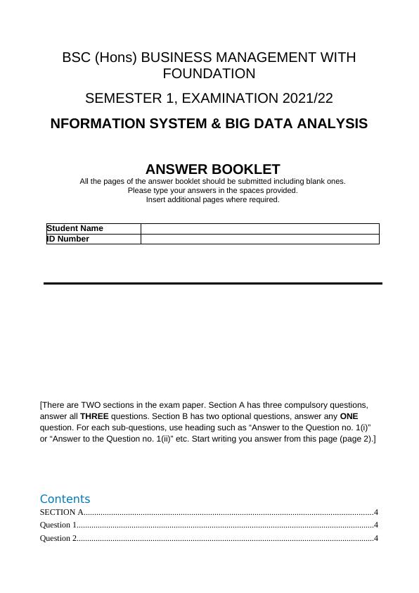 BSC Business Management Information System & Big Data Analysis Exam Answer Booklet_1