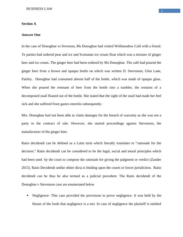 Business Law: Donoghue vs Stevenson & Contract Essentials_2