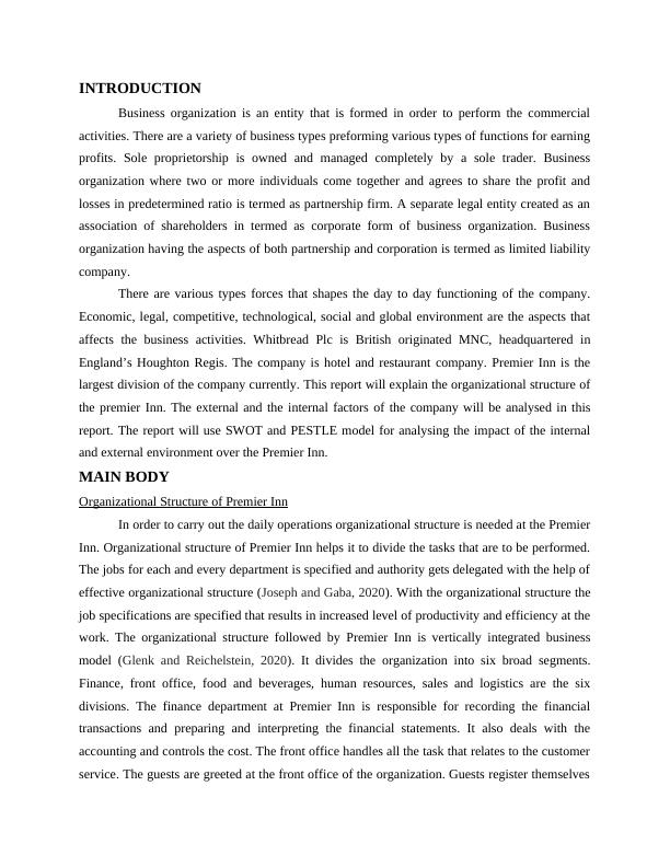 Understanding Business Organization and Analysis of Premier Inn