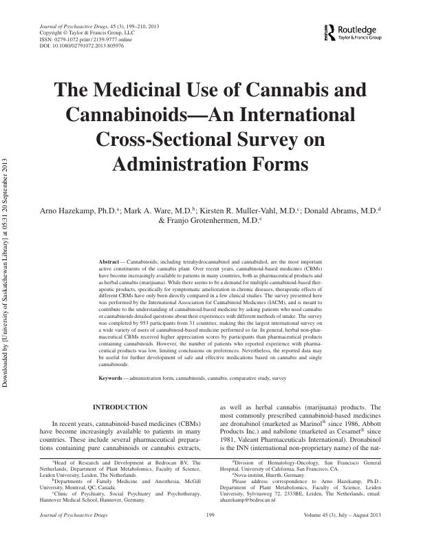 Medicinal Use Of Cannabis And Cannabinoids Survey