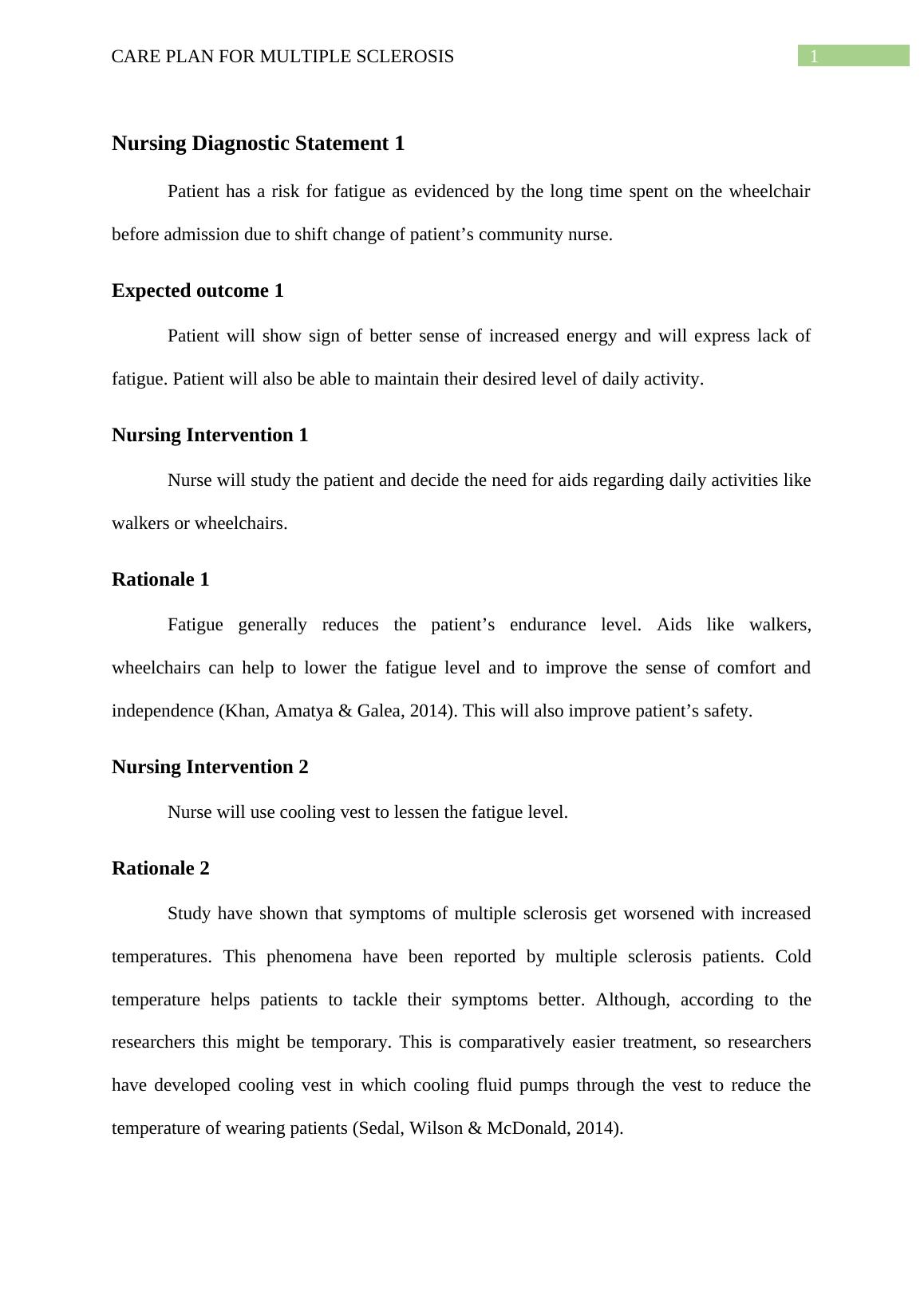 Care Plan for Multiple Sclerosis Desklib