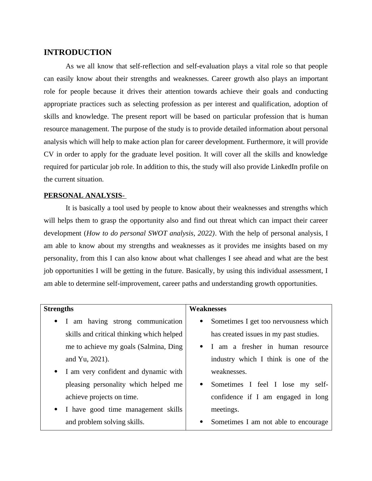 Career Development in Human Resource Management Personal Analysis and