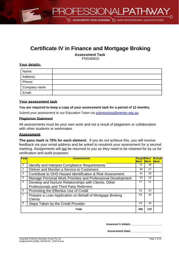 Certificate IV in Finance and Mortgage Broking Assessment Task - Desklib_1