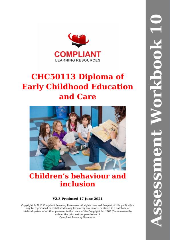 CHC50113 Assessment Workbook 10: Children’s behaviour and inclusion_1
