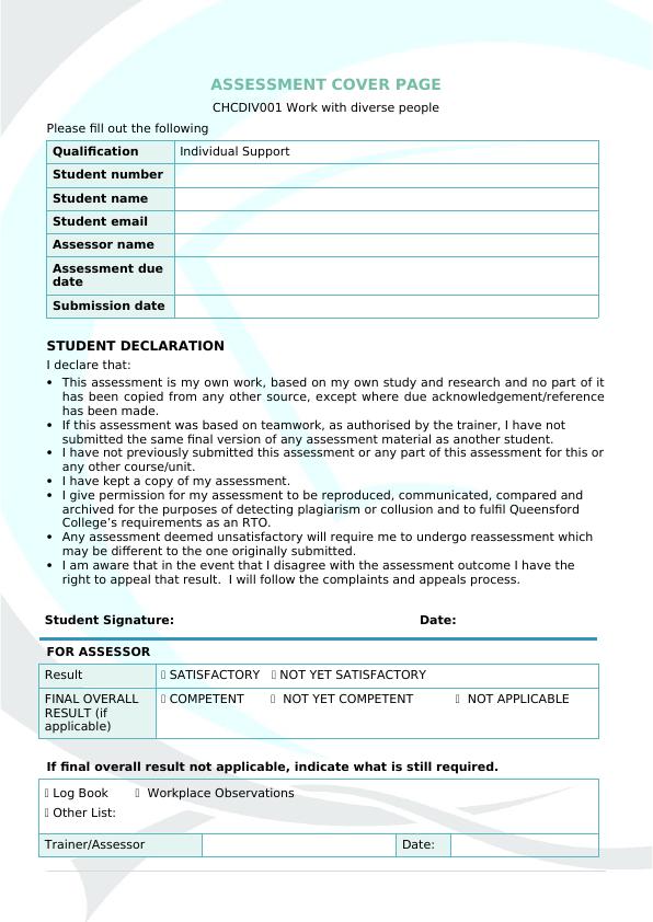 CHCDIV001 Work with diverse people Assessment Cover Page_1