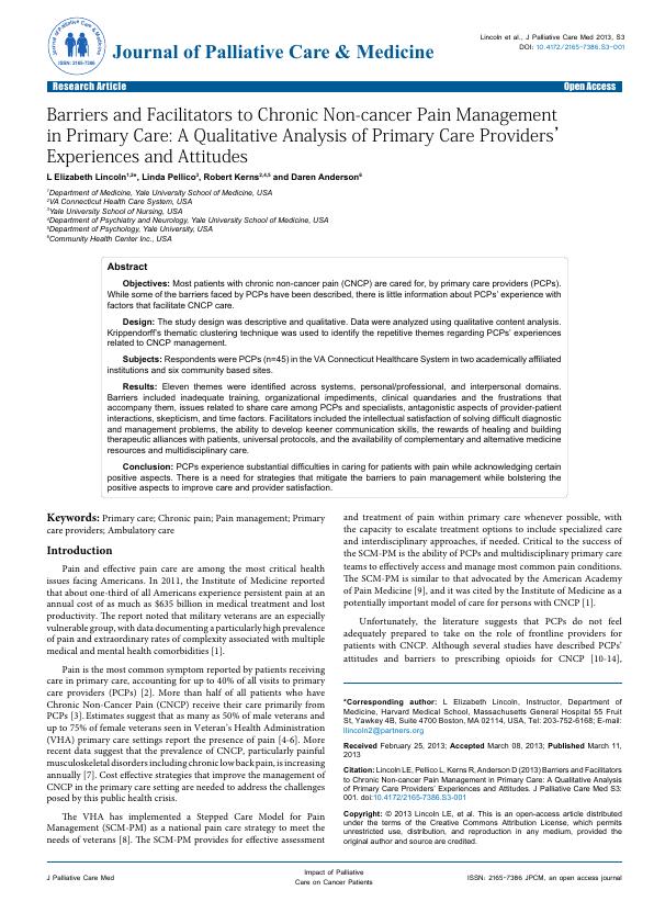 Barriers and Facilitators to Chronic Non-cancer Pain Management in Primary Care: A Qualitative Analysis of Primary Care Providers’ Experiences and Attitudes_1