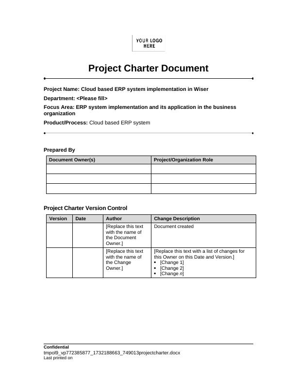 Cloud based ERP system implementation in Wiser - Project Charter_1