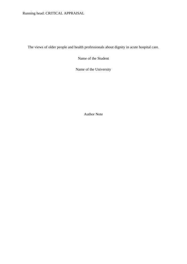 Critical Appraisal of a Qualitative Research on Dignity in Acute Hospital Care_1