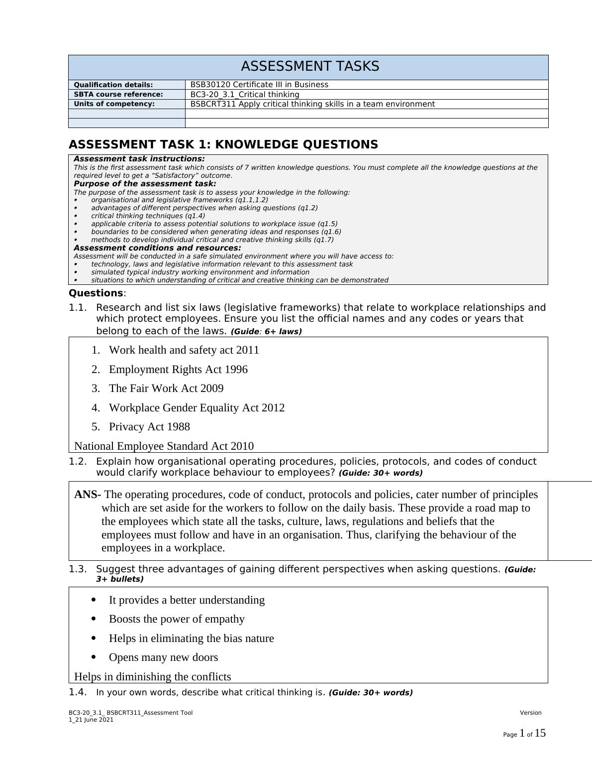 Critical Thinking Assessment Tasks for BSB30120 Certificate III in Business