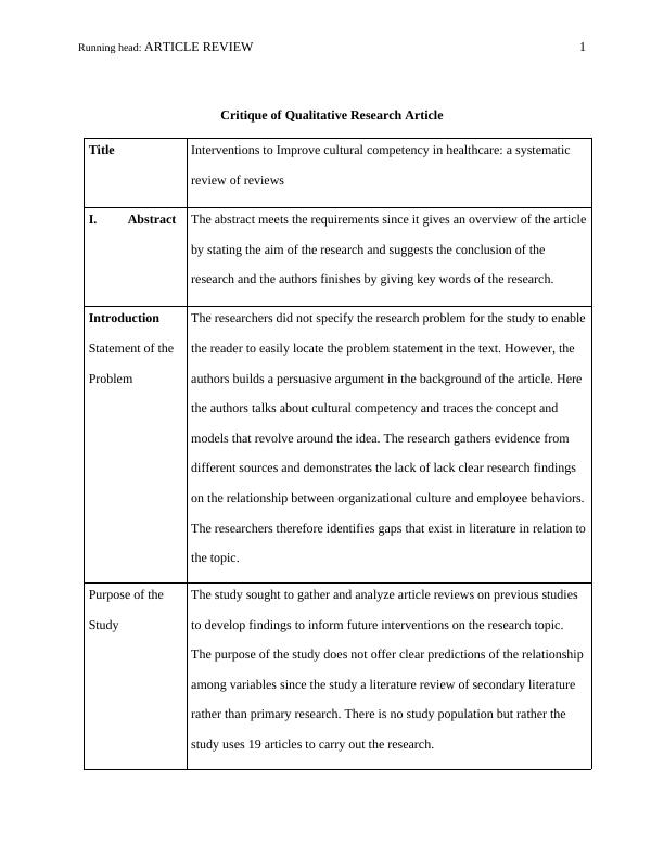 Critique of Qualitative Research Article: Interventions to Improve cultural competency in healthcare_1