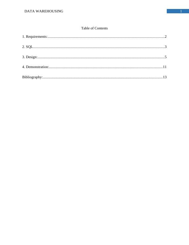 Data Warehousing: Requirements, Sql, Design And Demonstration