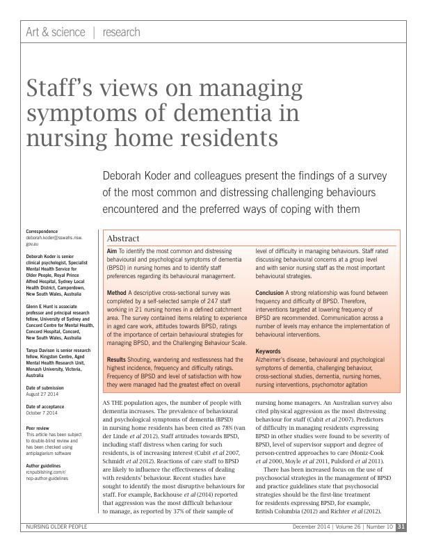 Managing symptoms of dementia in nursing home residents: staff's views_1